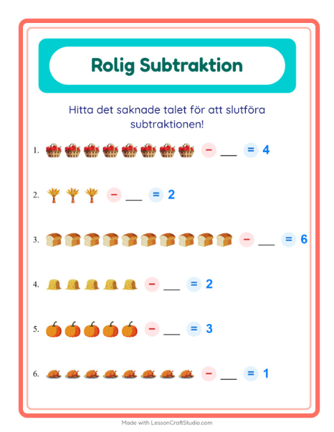 Förhandsvisning av Subtraktion: hitta talet som togs bort med pumpor – arbetsblad för årskurs 1