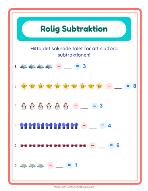 Förhandsvisning av Subtraktion-arbetsblad med Väder för Förskoleklass