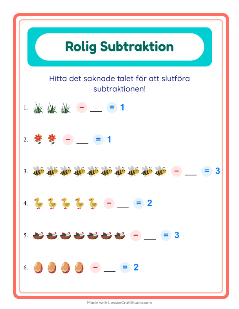 Förhandsvisning av Subtraktion-arbetsblad med Vår för Förskoleklass