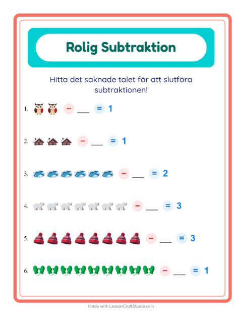 Förhandsvisning av Subtraktion-arbetsblad med Vinter för Förskoleklass