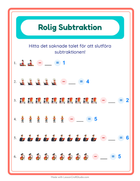 Förhandsvisning av Subtraktion-arbetsblad med Yrken för Förskoleklass