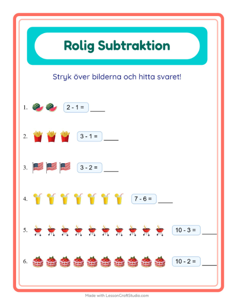Förhandsvisning av Subtraktion-arbetsblad med 4 juli för Förskoleklass