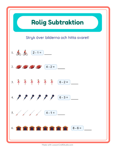 Förhandsvisning av Subtraktion-arbetsblad med Aktiviteter för Förskoleklass