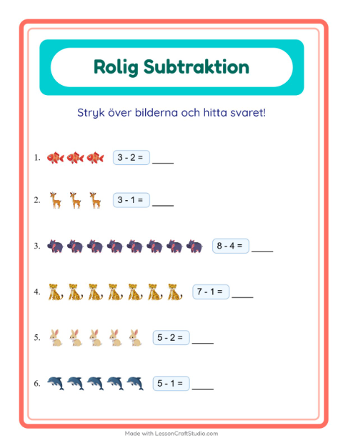 Subtraktion att stryka över med djur – arbetsblad för årskurs 1 — 2