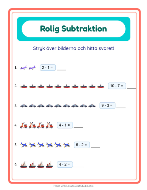 Förhandsvisning av Subtraktion-arbetsblad med Fordon för Förskoleklass