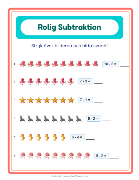 Förhandsvisning av Subtraktion-arbetsblad med Havsliv för Förskoleklass