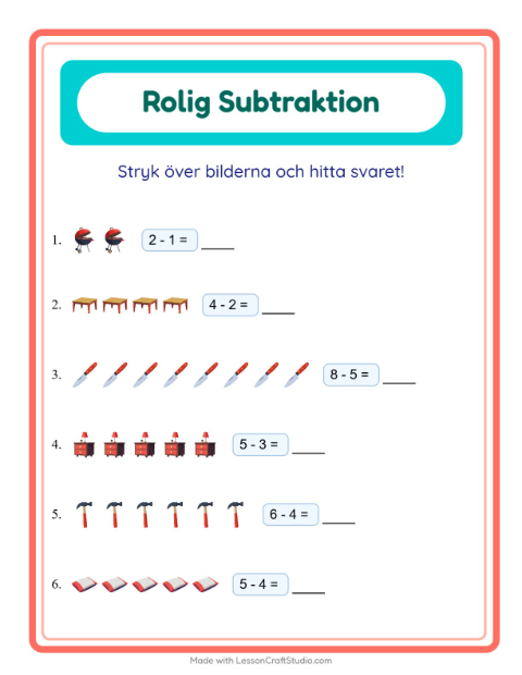 Förhandsvisning av Subtraktion-arbetsblad med Runt huset för Förskoleklass