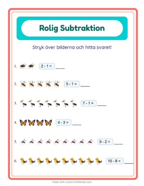 Förhandsvisning av Subtraktion-arbetsblad med Saker som flyger för Förskoleklass