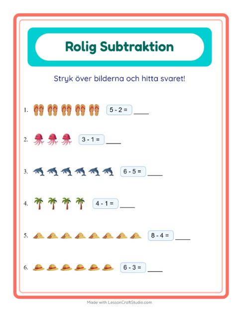 Förhandsvisning av Subtraktion-arbetsblad med Sommar för Förskoleklass