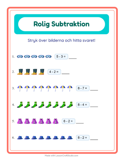 Förhandsvisning av Subtraktion-arbetsblad med Tillbehör för Förskoleklass