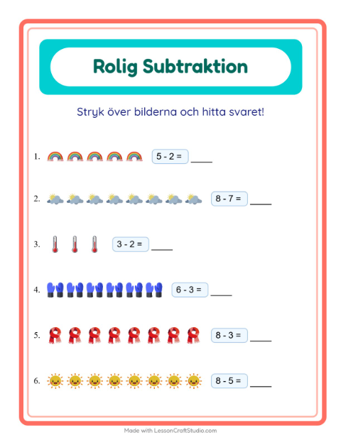 Förhandsvisning av Subtraktion-arbetsblad med Väder för Förskoleklass