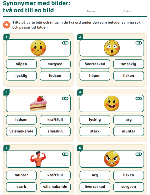 Förhandsvisning av Synonymer-arbetsblad för Årskurs 1