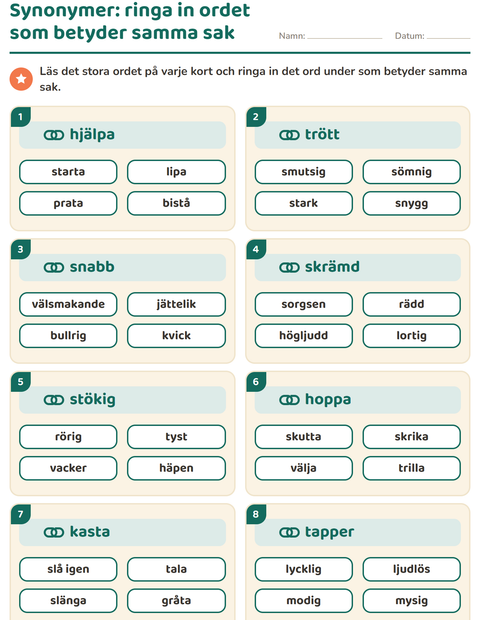 Förhandsvisning av Synonymer-arbetsblad för Årskurs 2