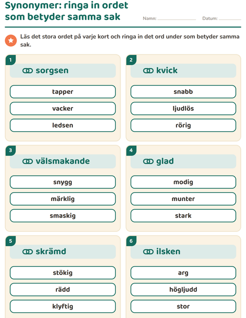 Förhandsvisning av Synonymer-arbetsblad för Årskurs 2
