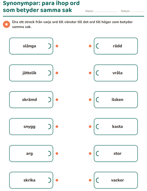 Förhandsvisning av Synonymer-arbetsblad för Årskurs 2