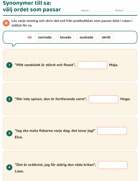 Förhandsvisning av Synonymer-arbetsblad för Årskurs 2