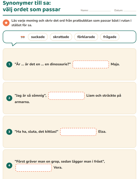 Förhandsvisning av Synonymer-arbetsblad för Årskurs 2