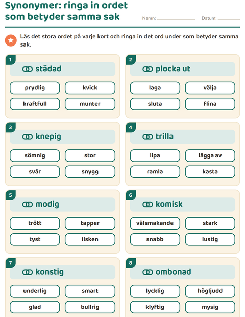 Förhandsvisning av Synonymer-arbetsblad för Årskurs 2