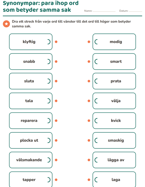 Förhandsvisning av Synonymer-arbetsblad för Årskurs 2