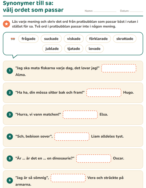 Förhandsvisning av Synonymer-arbetsblad för Årskurs 2