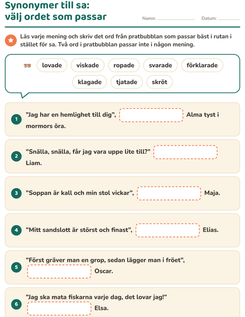 Förhandsvisning av Synonymer-arbetsblad för Årskurs 2