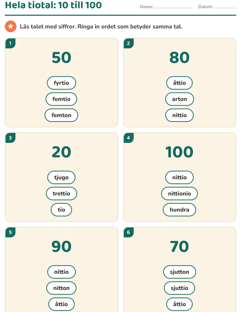 Hela tiotal med bokstäver – 10 till 100
