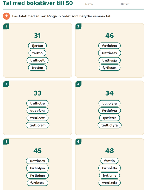 Förhandsvisning av Tal med bokstäver-arbetsblad för Årskurs 1