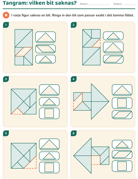 Förhandsvisning av Tangram-arbetsblad för Årskurs 1
