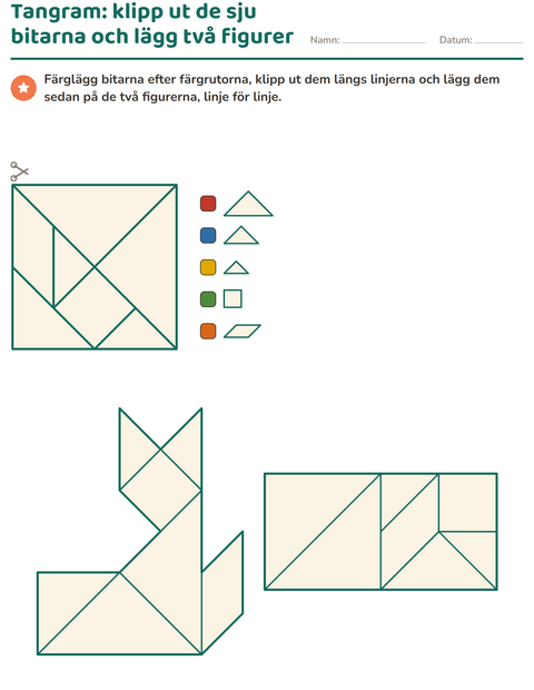 Tangram: klipp ut de sju bitarna och lägg två figurer