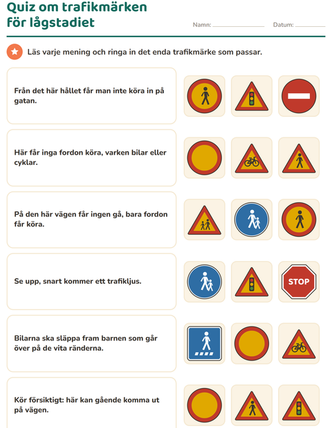 Förhandsvisning av Quiz om trafikmärken för lågstadiet