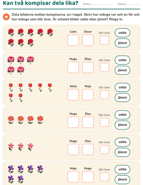 Förhandsvisning av Udda och jämna tal-arbetsblad med Blommor för Årskurs 1