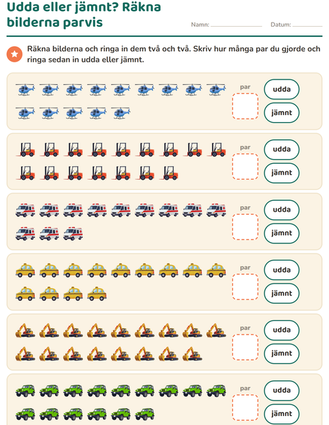 Förhandsvisning av Udda och jämna tal-arbetsblad med Fordon för Årskurs 1