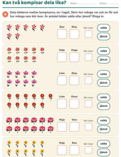 Förhandsvisning av Udda och jämna tal-arbetsblad med Blommor för Årskurs 1
