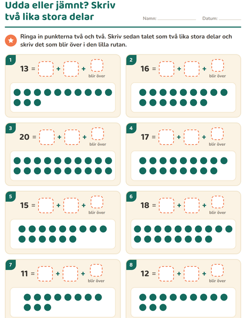 Förhandsvisning av Udda och jämna tal-arbetsblad för Årskurs 2