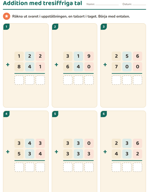 Tresiffrig addition utan växling