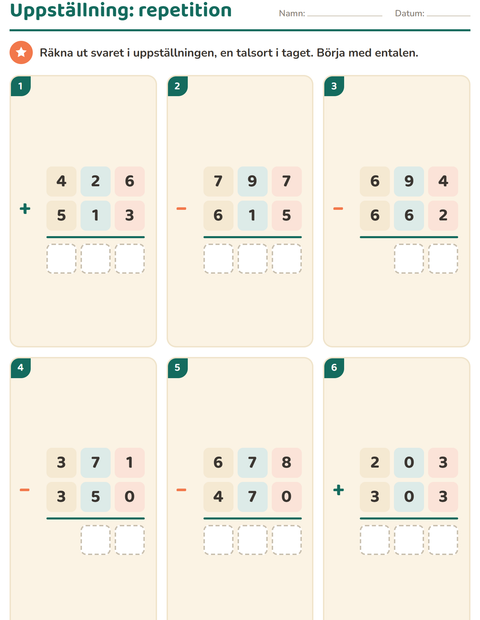 Förhandsvisning av Uppställning-arbetsblad för Årskurs 2