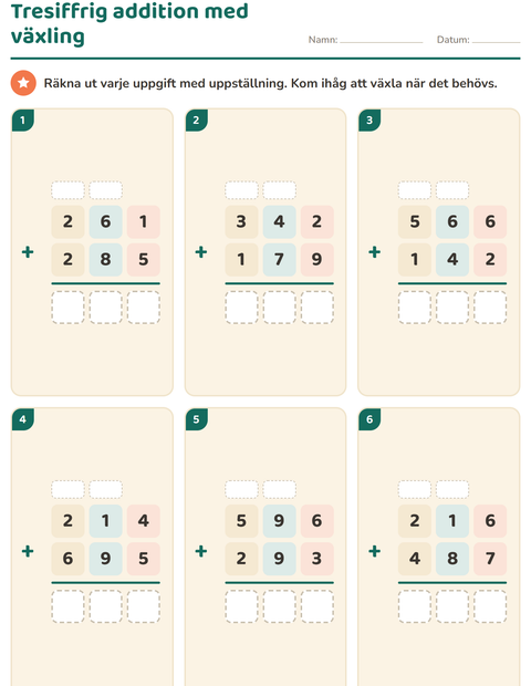 Tresiffrig addition med växling