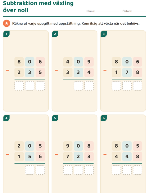 Subtraktion med växling över noll