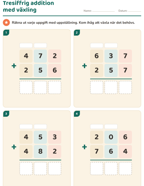 Förhandsvisning av Uppställning-arbetsblad för Årskurs 3