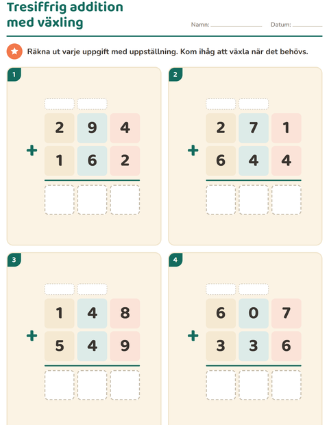 Förhandsvisning av Uppställning-arbetsblad för Årskurs 3