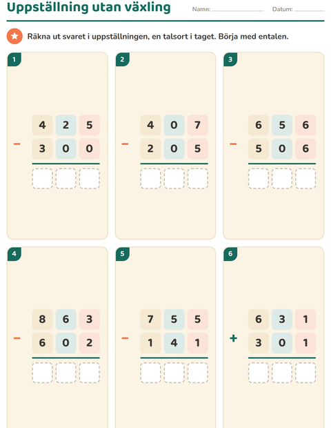 Förhandsvisning av Uppställning-arbetsblad för Årskurs 2