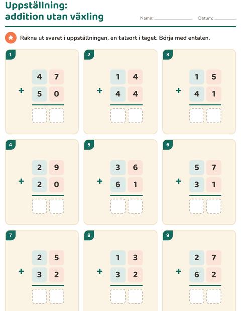 Förhandsvisning av Uppställning-arbetsblad för Årskurs 2
