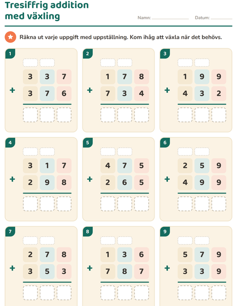 Förhandsvisning av Uppställning-arbetsblad för Årskurs 3