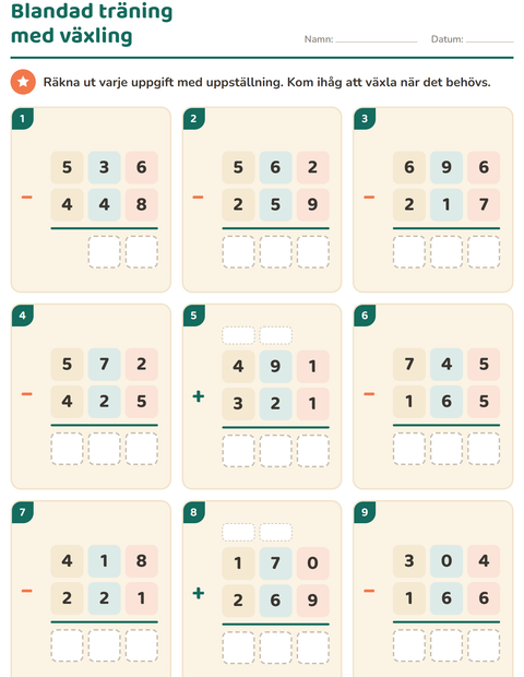 Förhandsvisning av Uppställning-arbetsblad för Årskurs 3