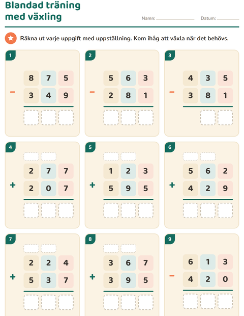 Förhandsvisning av Uppställning-arbetsblad för Årskurs 3