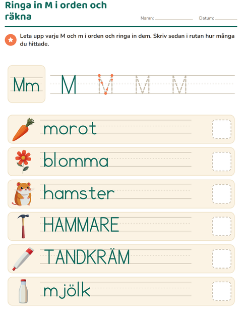 Förhandsvisning av Veckans bokstav-arbetsblad för Förskoleklass