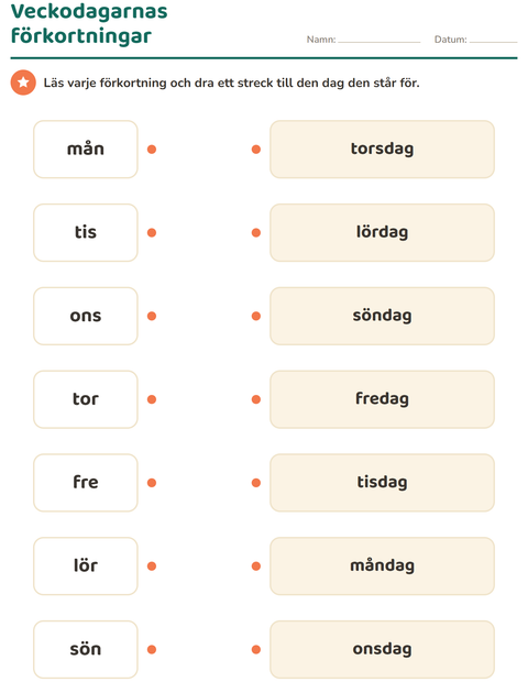 Förhandsvisning av Veckodagarnas förkortningar – mån, tis, ons