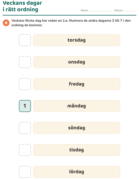 Förhandsvisning av Veckodagar och månader-arbetsblad för Förskoleklass
