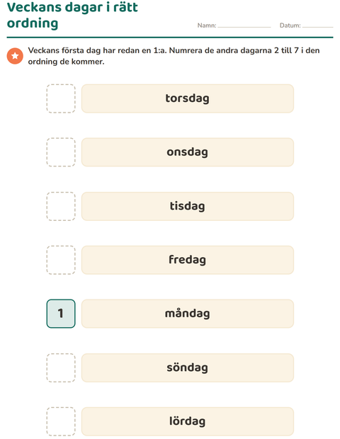 Veckans dagar i rätt ordning – numrera 2 till 7