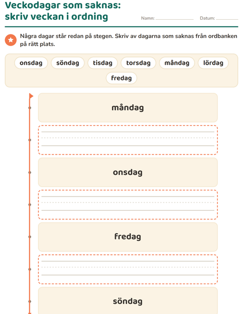 Förhandsvisning av Veckodagar och månader-arbetsblad för Förskoleklass